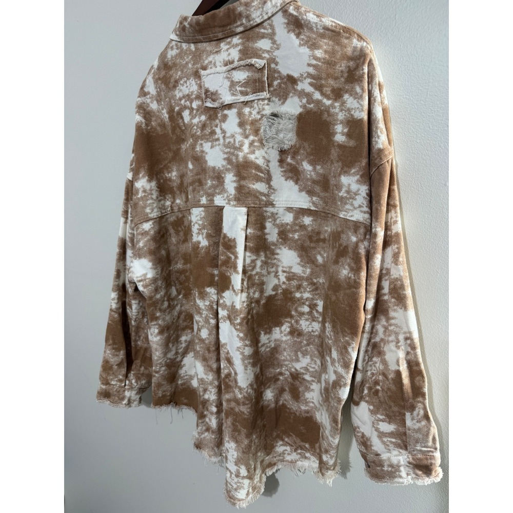 POL Womens Brown Tie Dye Distressed Denim Shacket Oversized Shirt Jacket Large - Picture 10 of 13